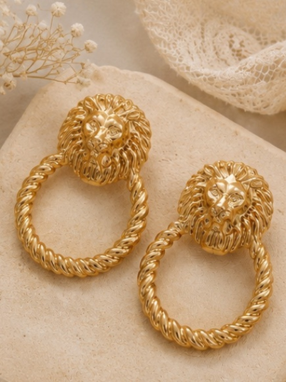 Designer Inspired Gold Lion Head Rope Hoop Earrings